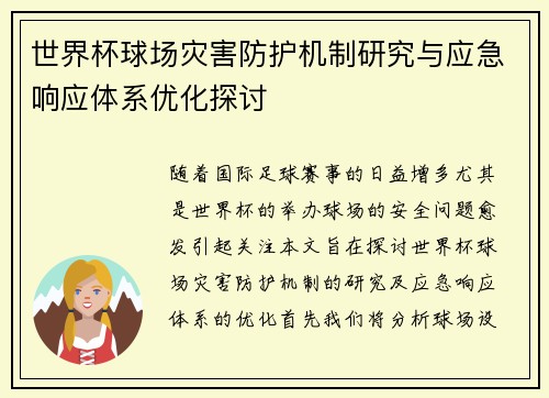 世界杯球场灾害防护机制研究与应急响应体系优化探讨
